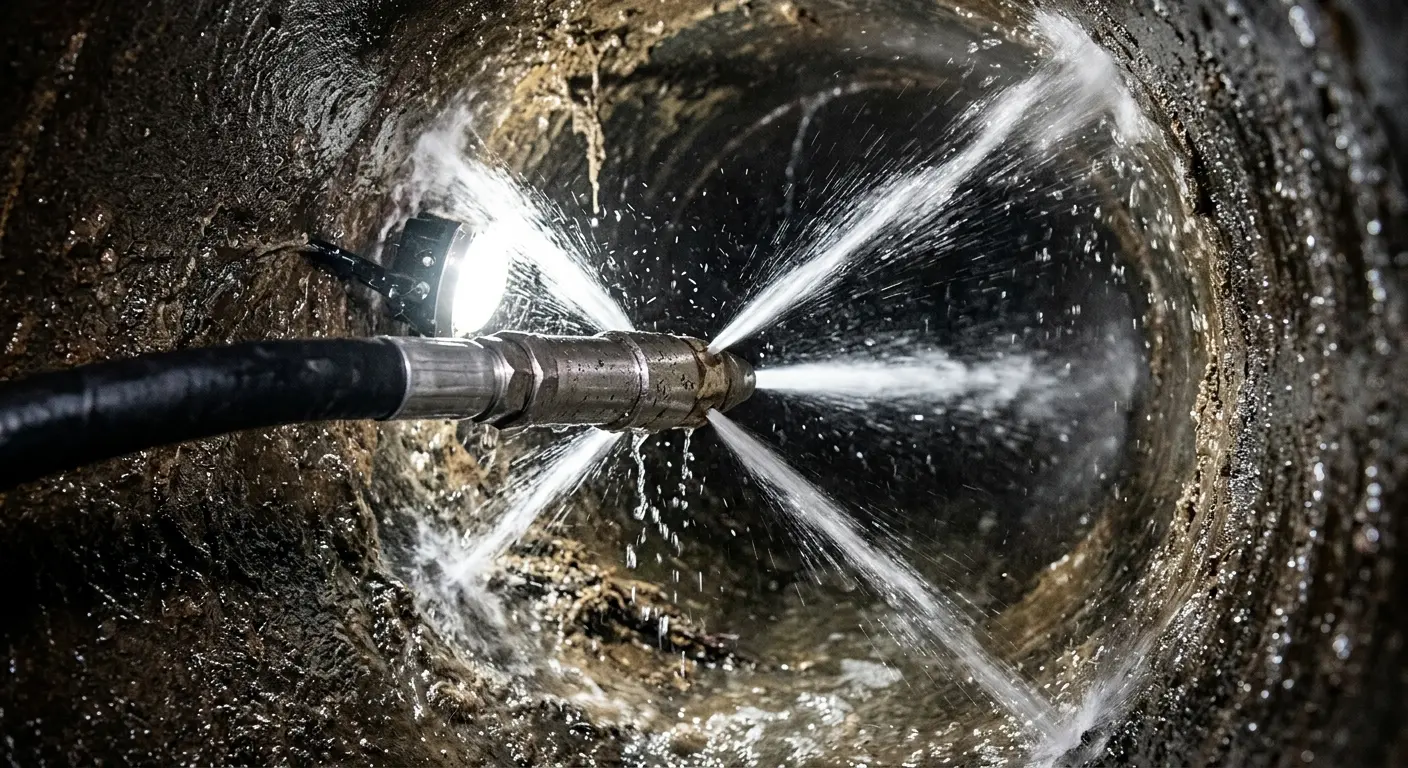 High-pressure hydro jetting nozzle cleaning sewer pipe for Emergency Drain Service in Butler