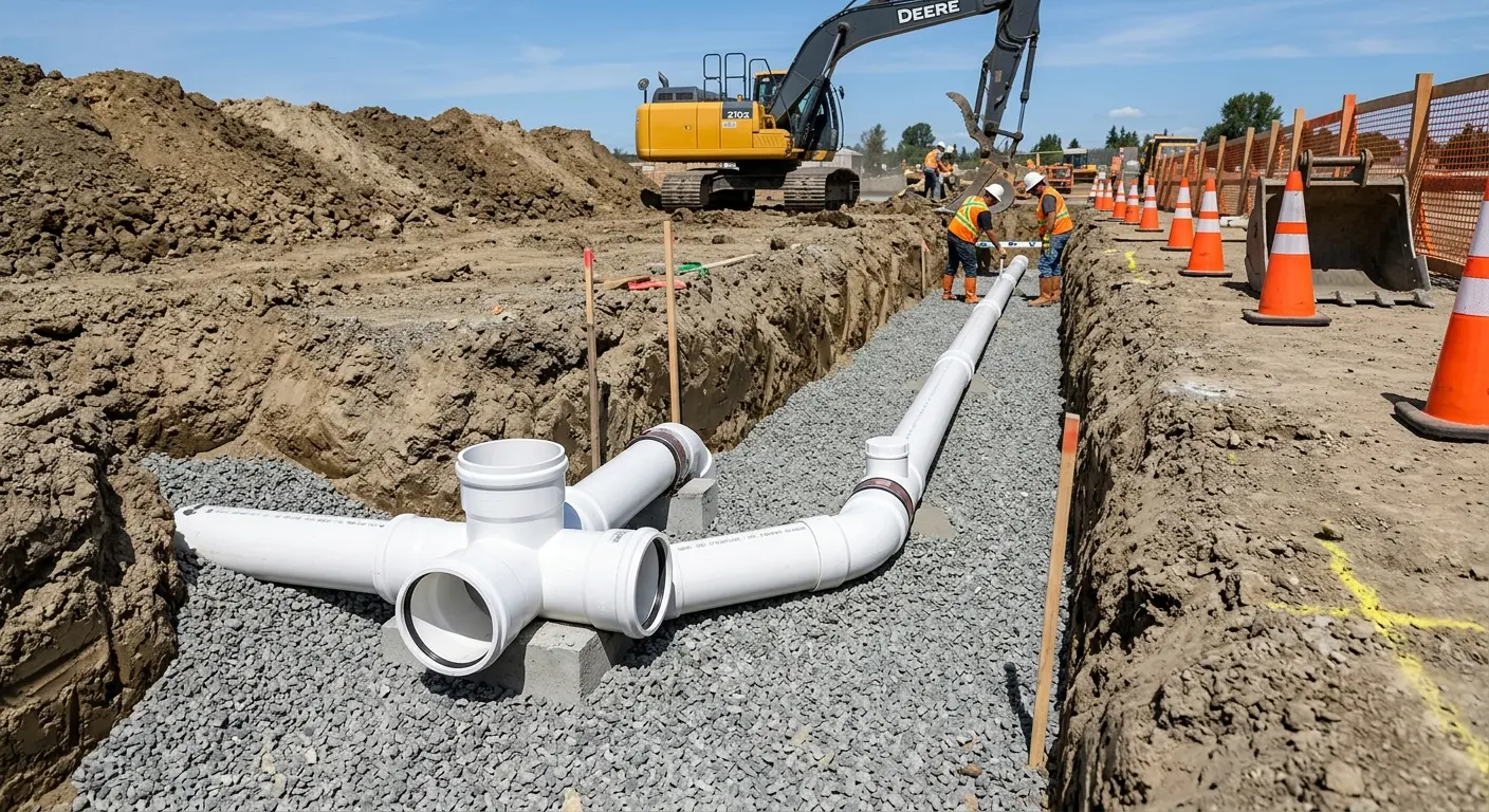 New PVC sewer pipe installation in open trench for Sewer Backup in Butler