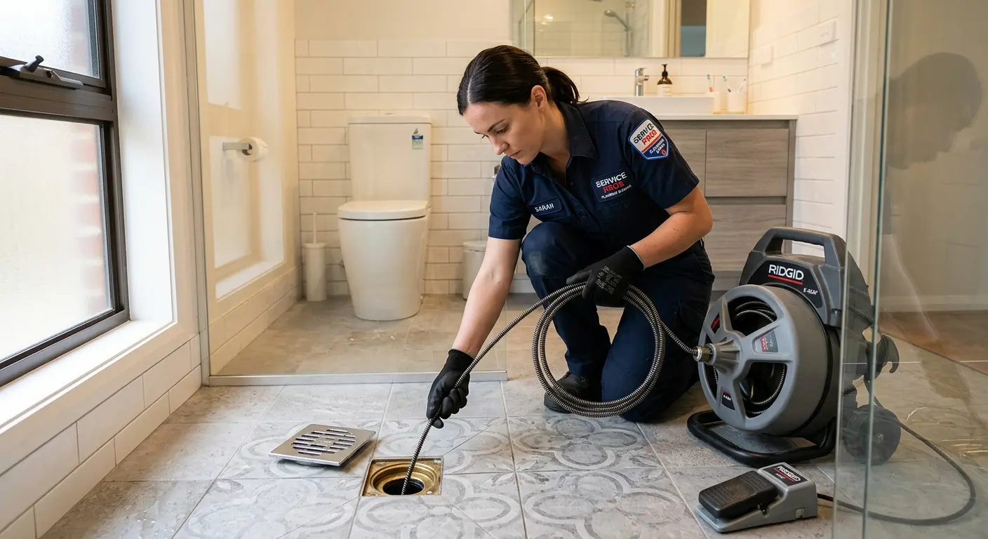 Technician clearing a bathroom floor drain for Sewer Line Replacement in Butler